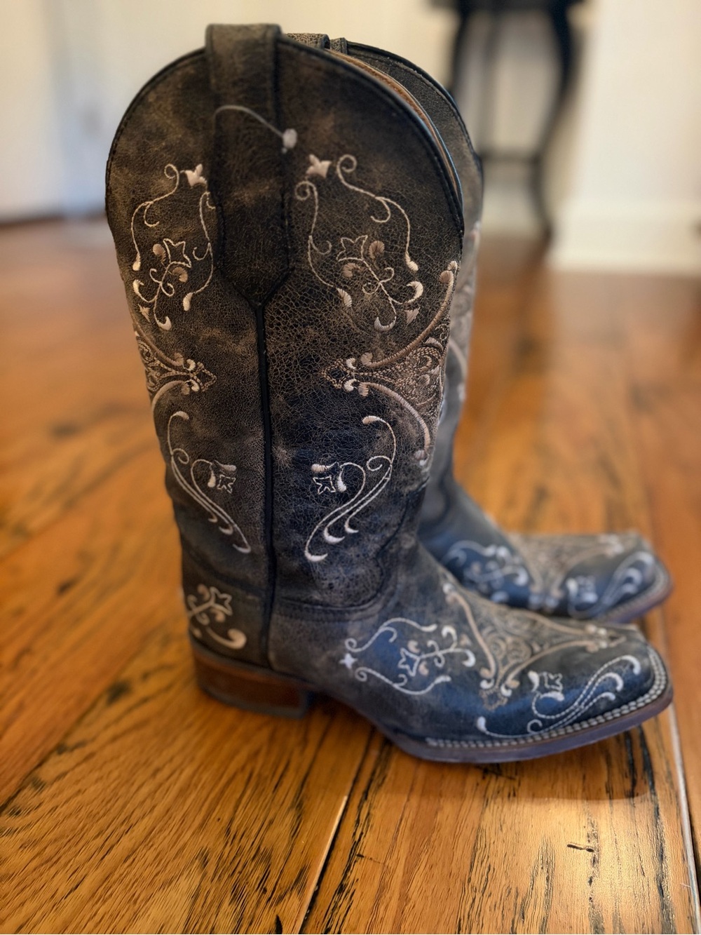Classic Embroidered Over-the-Knee Boots in Distressed Black